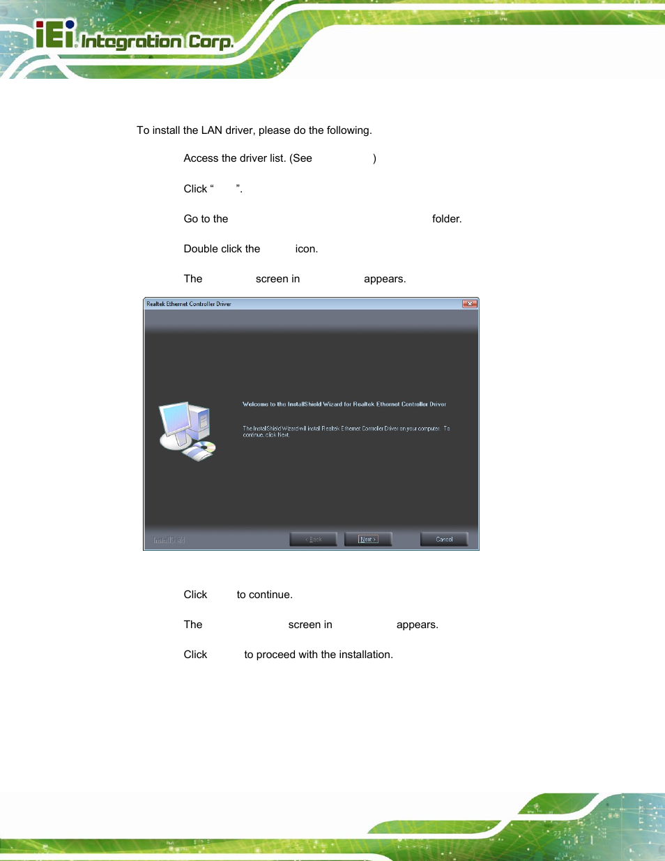 5 lan driver installation, River, Nstallation | Figure 6-13: lan driver welcome screen, Figure 1-4, Step 2, Align the vg | IEI Integration PPC-37xxA-N26 v1.10 User Manual | Page 116 / 200