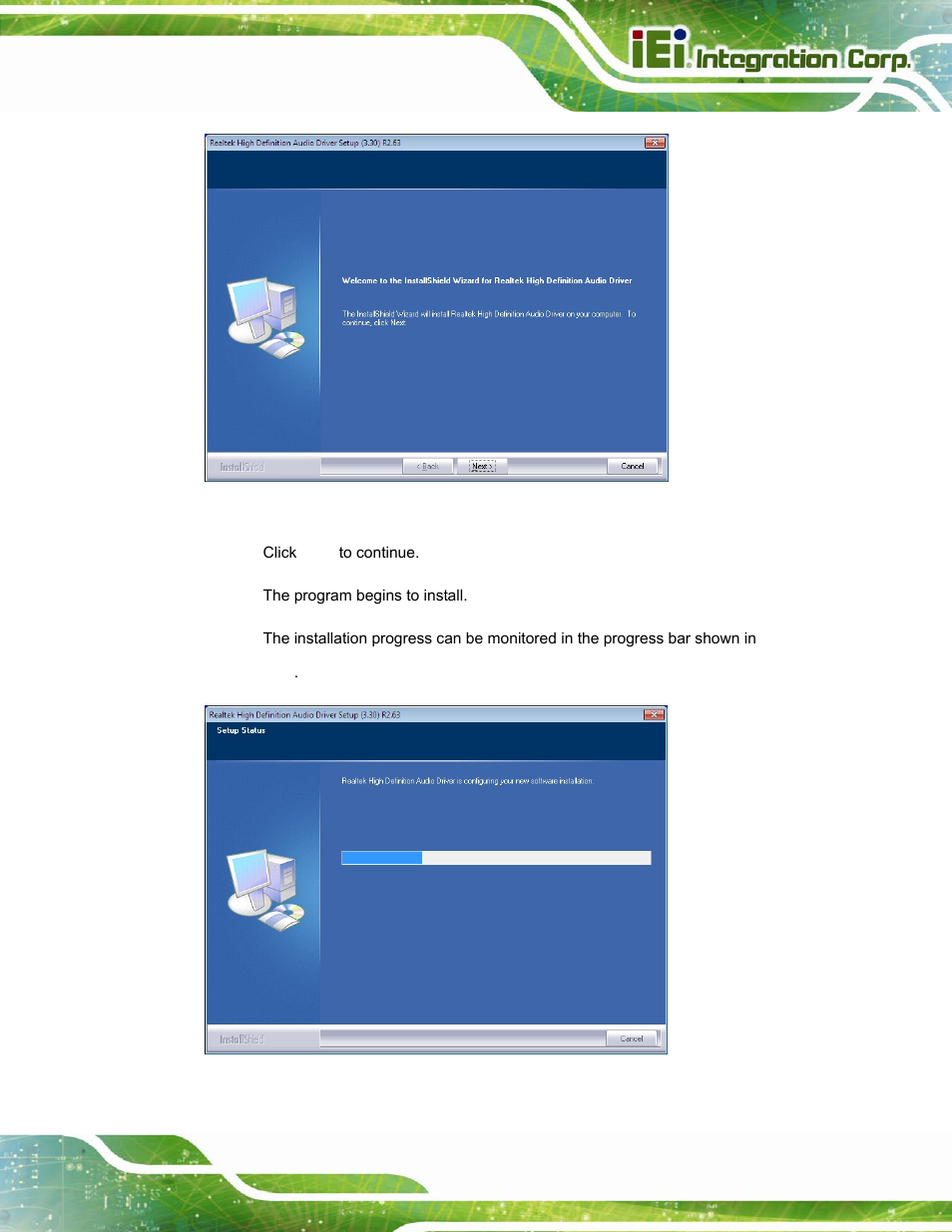Figure 6-17: audio driver welcome screen, Figure 6-18: audio driver installation | IEI Integration PPC-37xxA-N26 v1.10 User Manual | Page 119 / 200
