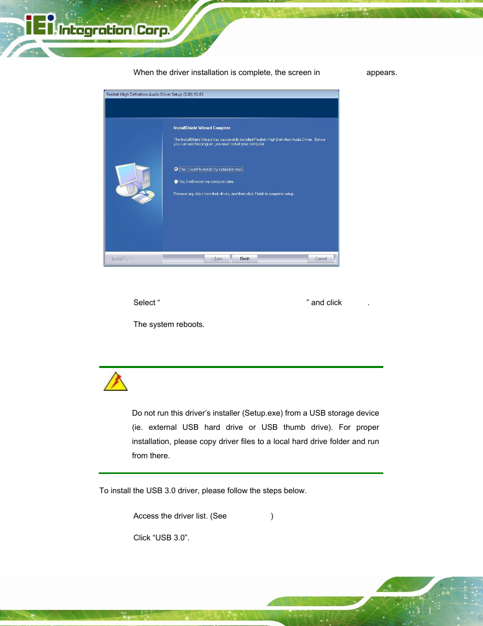 7 usb 3.0 driver installation, River, Nstallation | Figure 6-19: audio driver installation complete, Section, For back cover removal instruction | IEI Integration PPC-37xxA-N26 v1.10 User Manual | Page 120 / 200