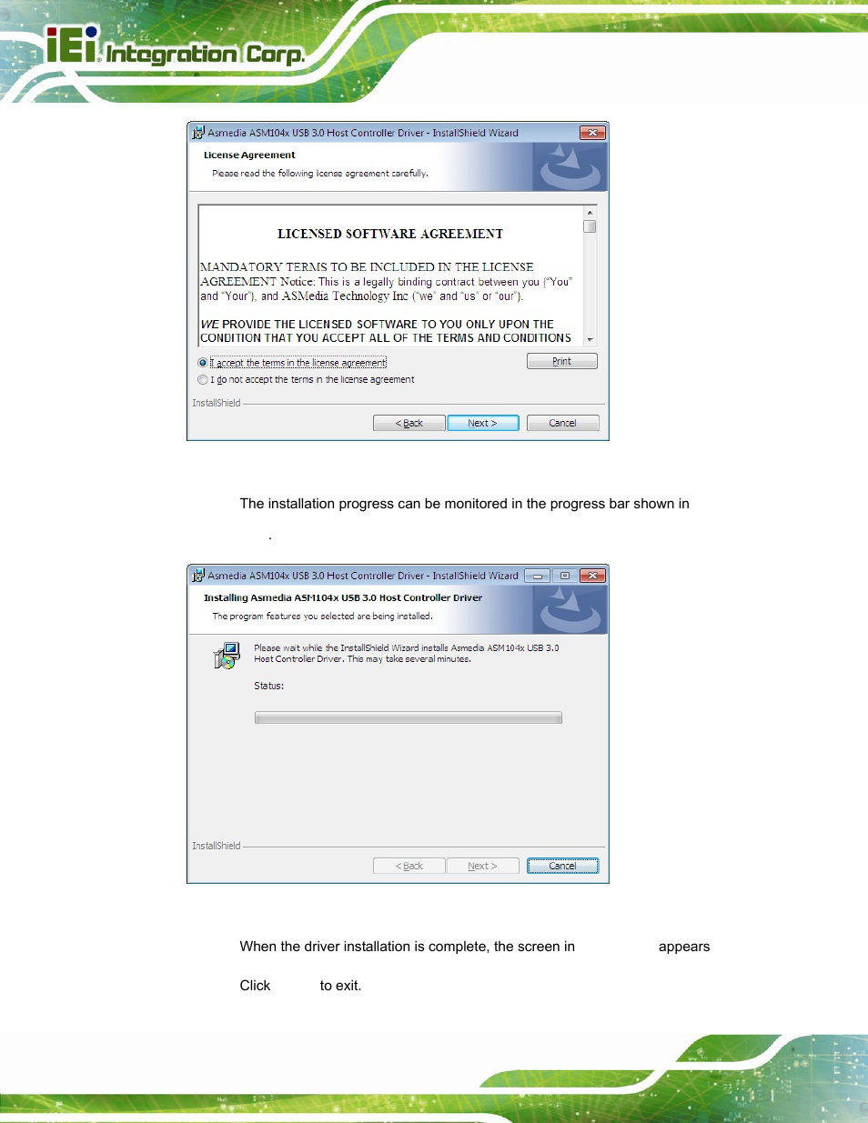 Figure 6-21: usb 3.0 driver license agreement, Figure 6-22: usb 3.0 driver setup operations | IEI Integration PPC-37xxA-N26 v1.10 User Manual | Page 122 / 200