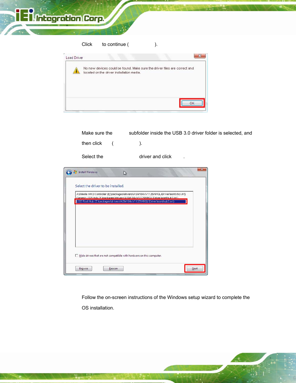 Figure 6-28: confirm the driver file, Figure 6-29: select the usb root hub driver | IEI Integration PPC-37xxA-N26 v1.10 User Manual | Page 126 / 200