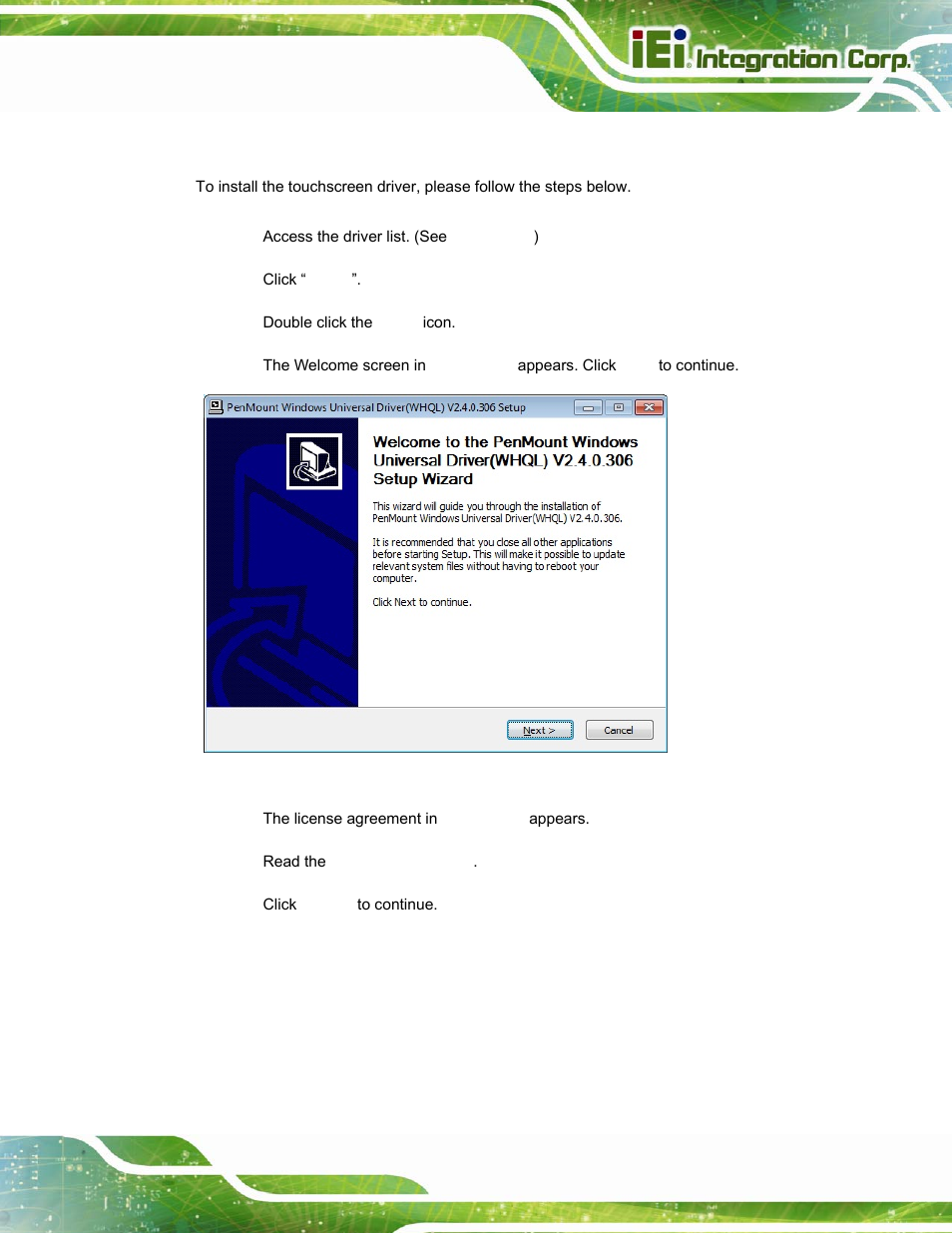 8 touchscreen driver installation, Ouchscreen, River | Nstallation, Figure 6-30: welcome screen | IEI Integration PPC-37xxA-N26 v1.10 User Manual | Page 127 / 200