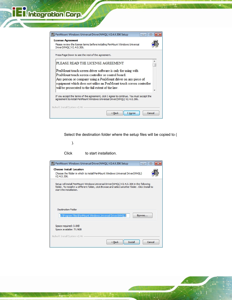 Figure 6-31: touchscreen driver license agreement, Figure 6-32: choose destination folder | IEI Integration PPC-37xxA-N26 v1.10 User Manual | Page 128 / 200