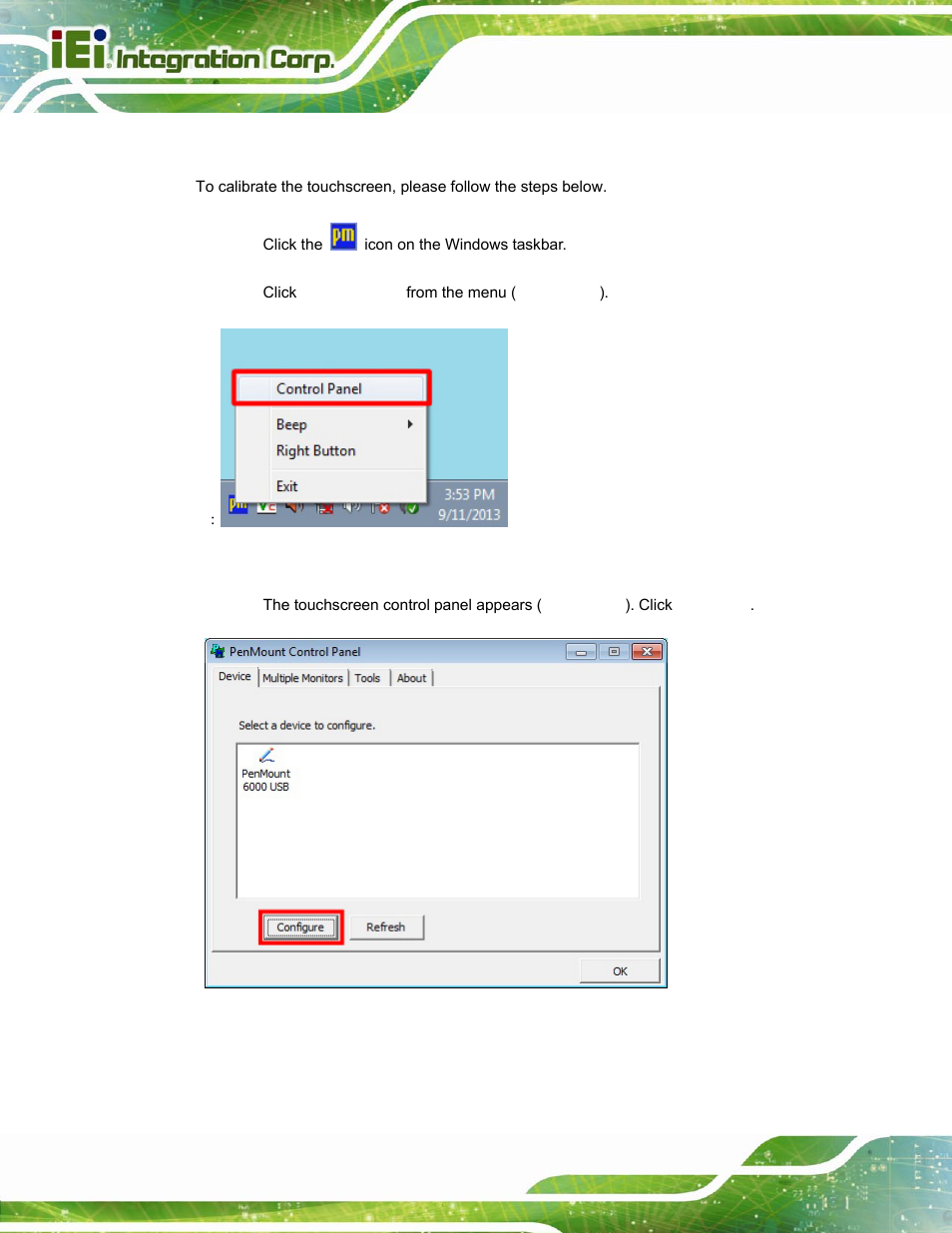 1 calibrating the touchscreen, Figure 6-35: select control panel, Figure 6-36: touchscreen control panel | IEI Integration PPC-37xxA-N26 v1.10 User Manual | Page 130 / 200