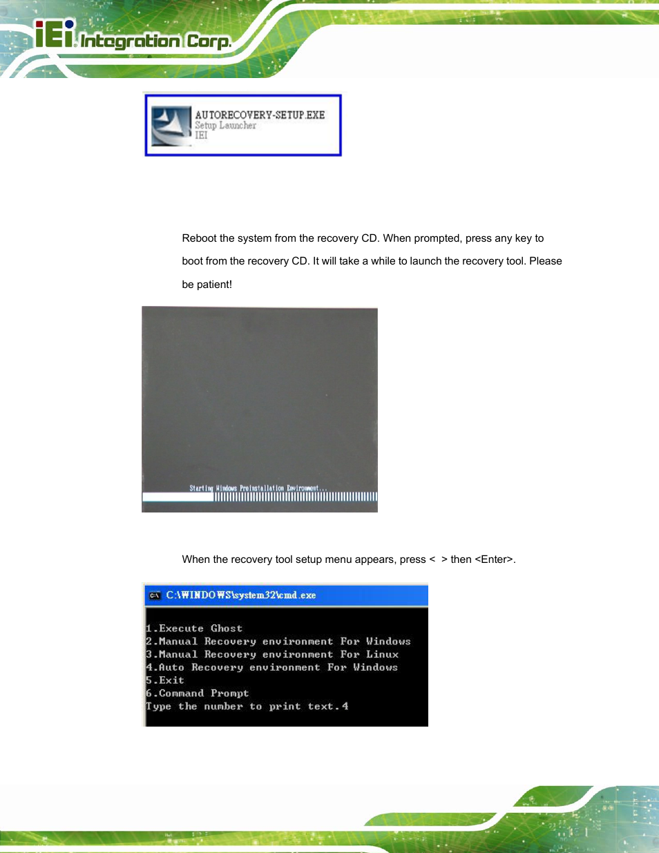 Figure b-22: auto recovery utility, Figure b-23: launching the recovery tool, Figure b-24: auto recovery environment for windows | IEI Integration PPC-37xxA-N26 v1.10 User Manual | Page 166 / 200