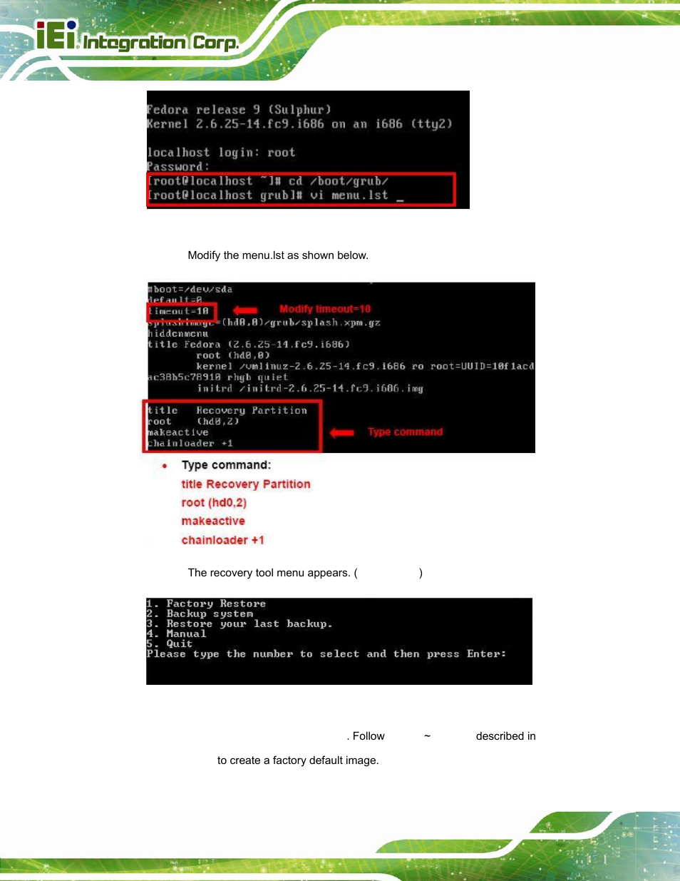 Figure b-31: access menu.lst in linux (text mode), Figure b-32: recovery tool menu | IEI Integration PPC-37xxA-N26 v1.10 User Manual | Page 172 / 200