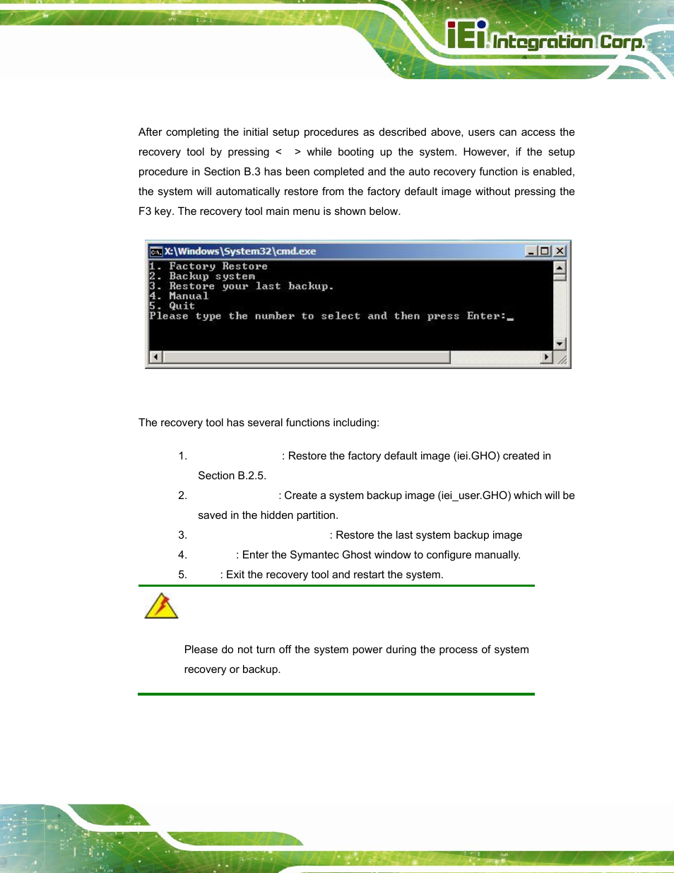 B.5 recovery tool functions, Ecovery, Unctions | Figure b-33: recovery tool main menu | IEI Integration PPC-37xxA-N26 v1.10 User Manual | Page 173 / 200