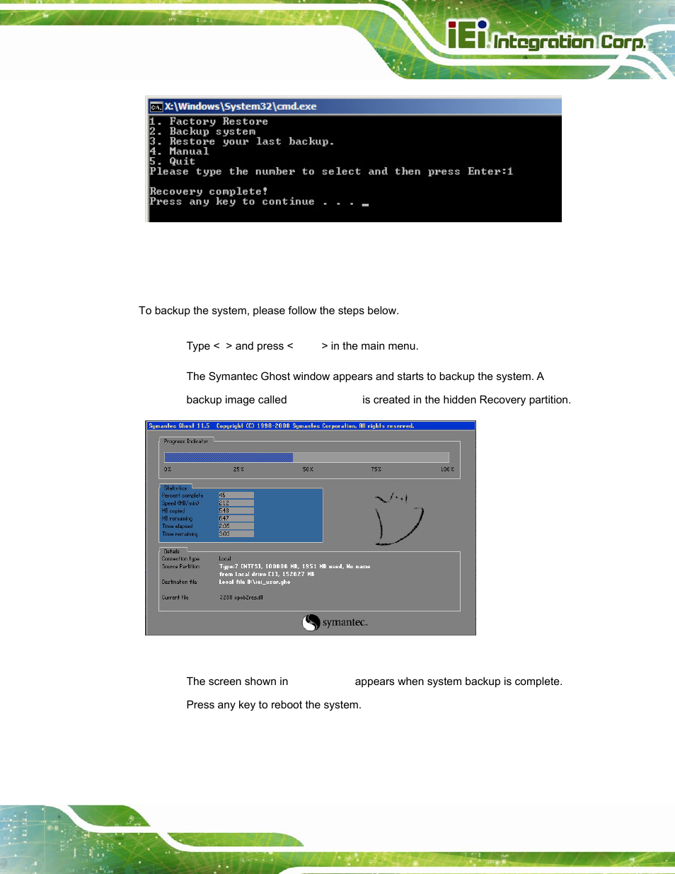 B.5.2 backup system, Figure b-35: recovery complete window, Figure b-36: backup system | IEI Integration PPC-37xxA-N26 v1.10 User Manual | Page 175 / 200