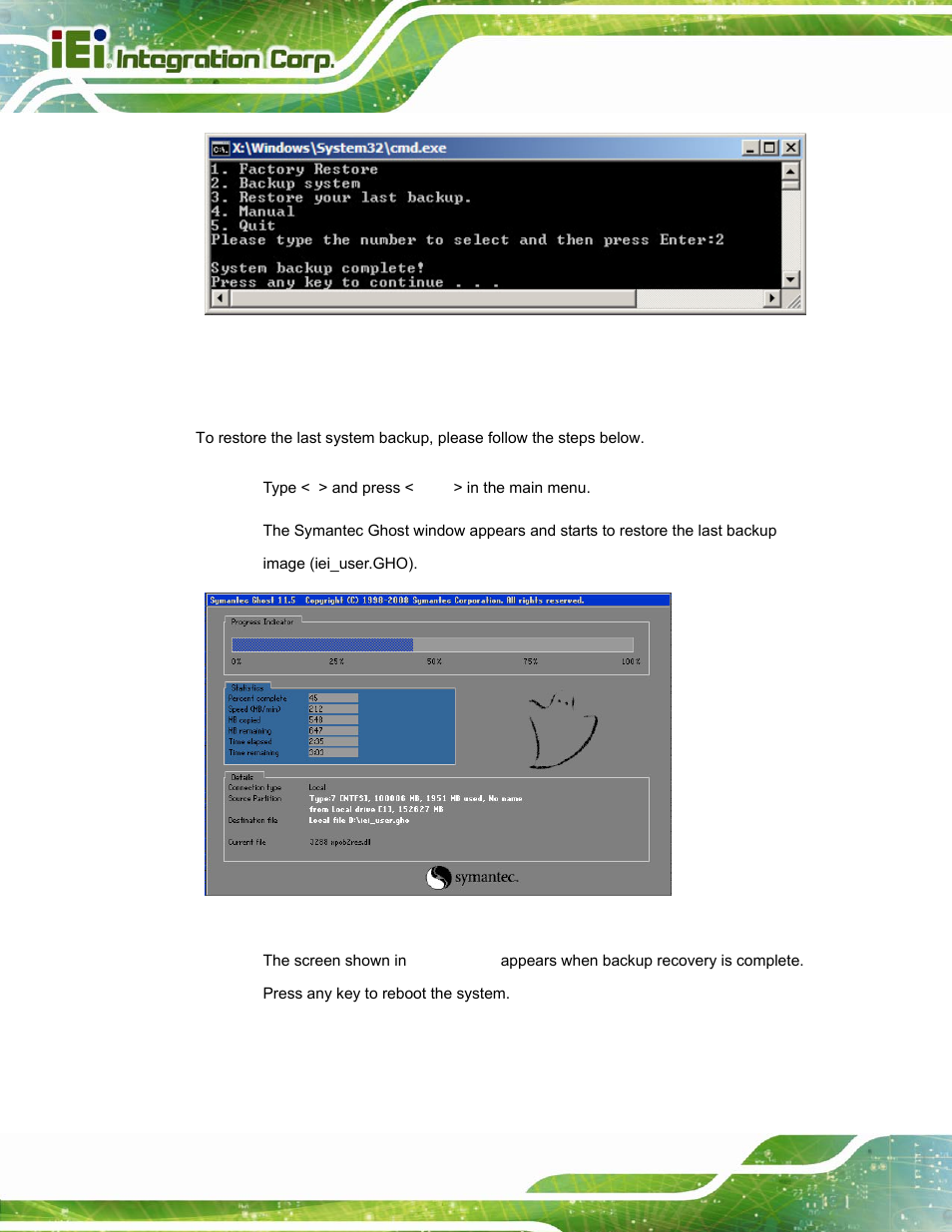B.5.3 restore your last backup, Figure b-37: system backup complete window, Figure b-38: restore backup | IEI Integration PPC-37xxA-N26 v1.10 User Manual | Page 176 / 200