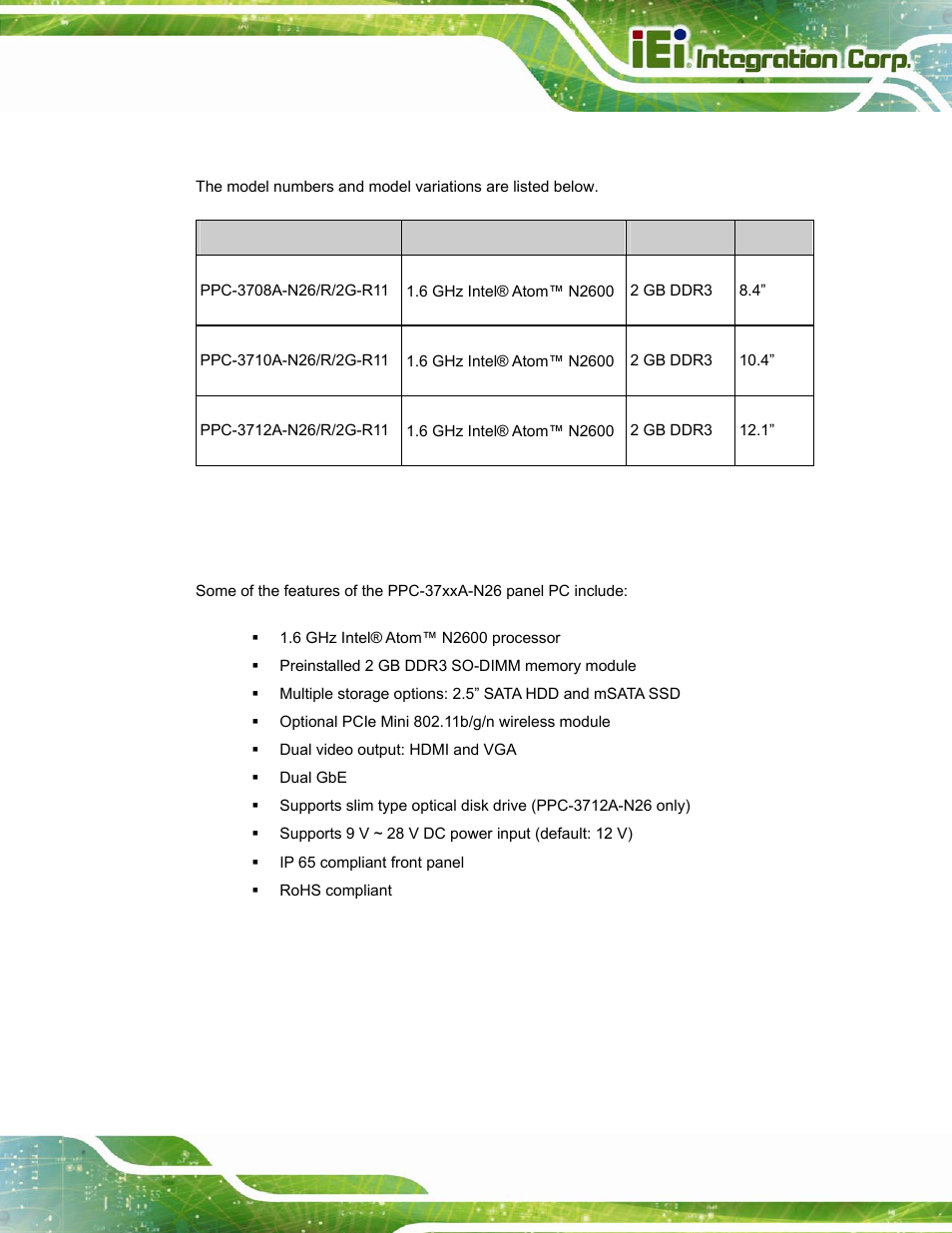 2 model variations, 3 features, Odel | Ariations, Eatures, Table 1-1: model variations | IEI Integration PPC-37xxA-N26 v1.10 User Manual | Page 19 / 200