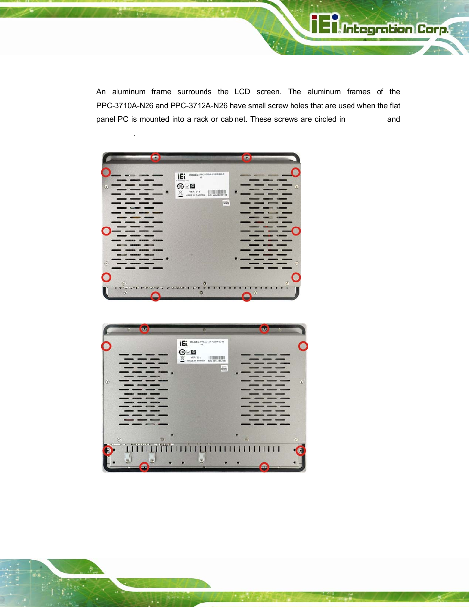 5 frame, Figure 1-6: ppc-3710a-n26 frame rear view, Figure 1-7: ppc-3712a-n26 frame rear view | IEI Integration PPC-37xxA-N26 v1.10 User Manual | Page 23 / 200