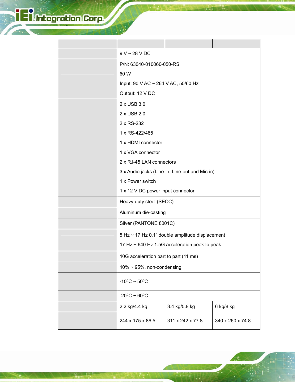 Table 1-2: system specifications | IEI Integration PPC-37xxA-N26 v1.10 User Manual | Page 28 / 200