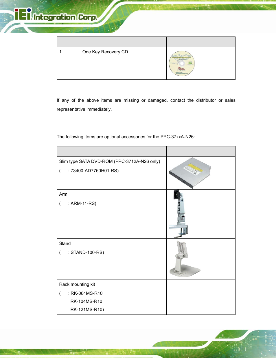 3 optional items, Ptional, Tems | Table 2-1: packing list | IEI Integration PPC-37xxA-N26 v1.10 User Manual | Page 32 / 200