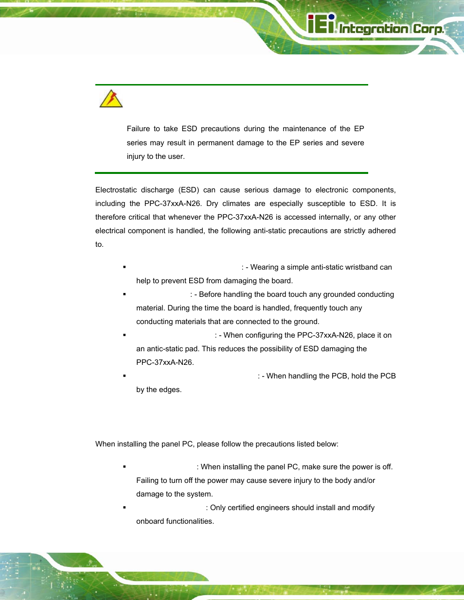 1 anti-static precautions, 2 installation precautions, Static | Recautions, Nstallation | IEI Integration PPC-37xxA-N26 v1.10 User Manual | Page 35 / 200