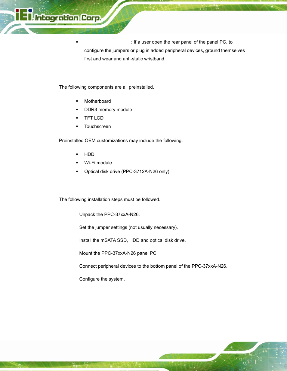 3 preinstalled components, 4 installation and configuration steps, Reinstalled | Omponents, Nstallation and, Onfiguration, Teps | IEI Integration PPC-37xxA-N26 v1.10 User Manual | Page 36 / 200