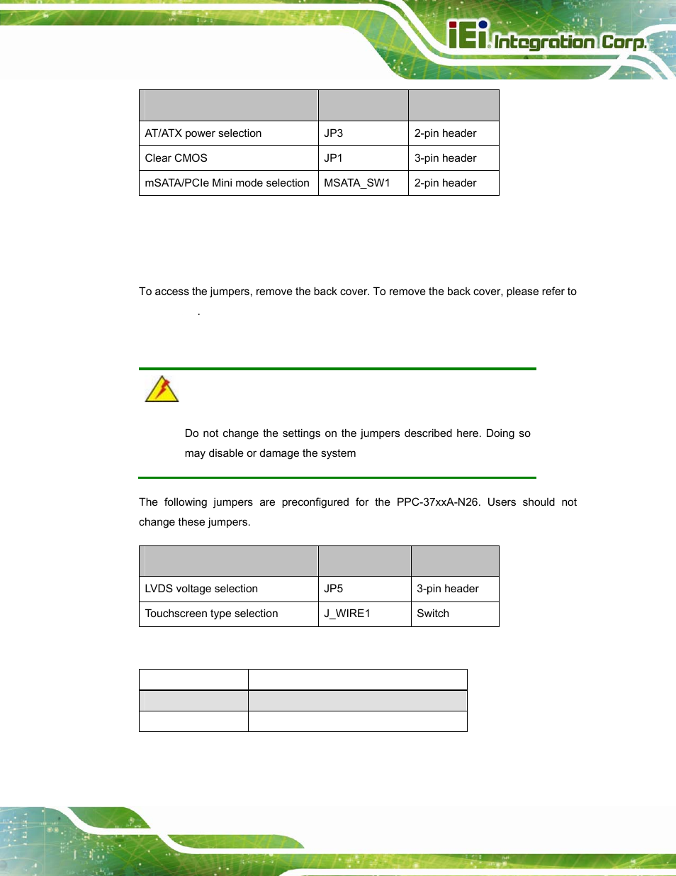 1 access the jumpers, 2 preconfigured jumpers, Table 3-1: jumpers | Table 3-2: preconfigured jumpers, Table 3-3: lvds voltage selection jumper settings | IEI Integration PPC-37xxA-N26 v1.10 User Manual | Page 39 / 200