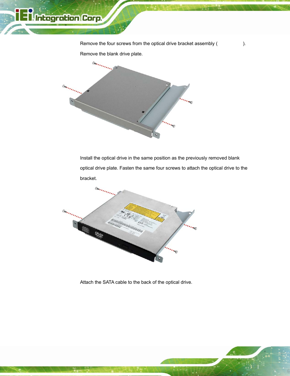 Figure 3-20: optical drive blank plate assembly, Figure 3-21: optical drive screws | IEI Integration PPC-37xxA-N26 v1.10 User Manual | Page 50 / 200