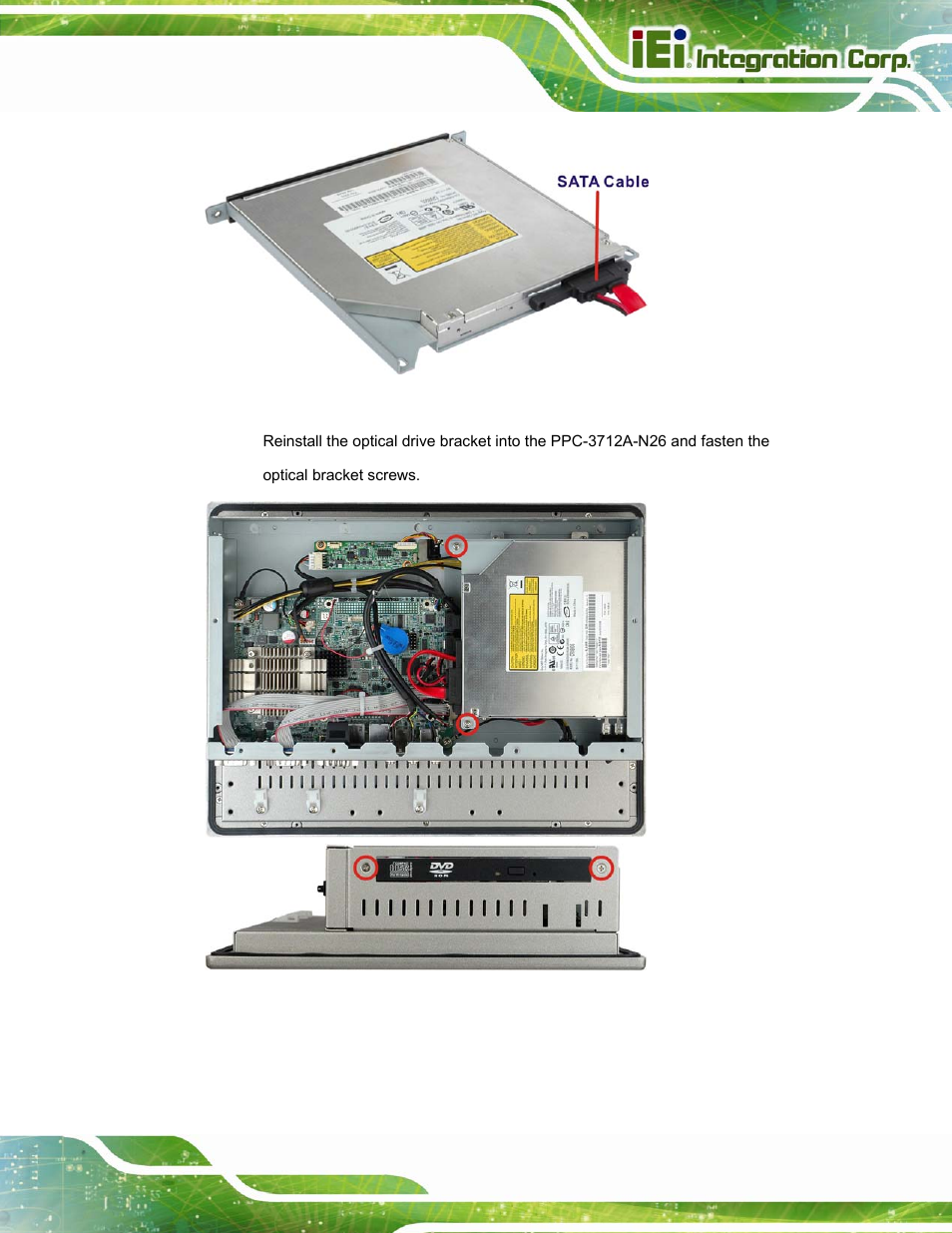 Figure 3-22: optical drive sata cable, Figure 3-23: replacing the optical drive bracket | IEI Integration PPC-37xxA-N26 v1.10 User Manual | Page 51 / 200