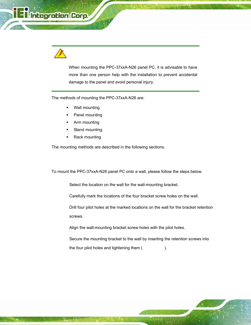 10 mounting the system, 1 wall mounting, Ounting the | Ystem, Ppc-37xxa-n26 pan | IEI Integration PPC-37xxA-N26 v1.10 User Manual | Page 52 / 200