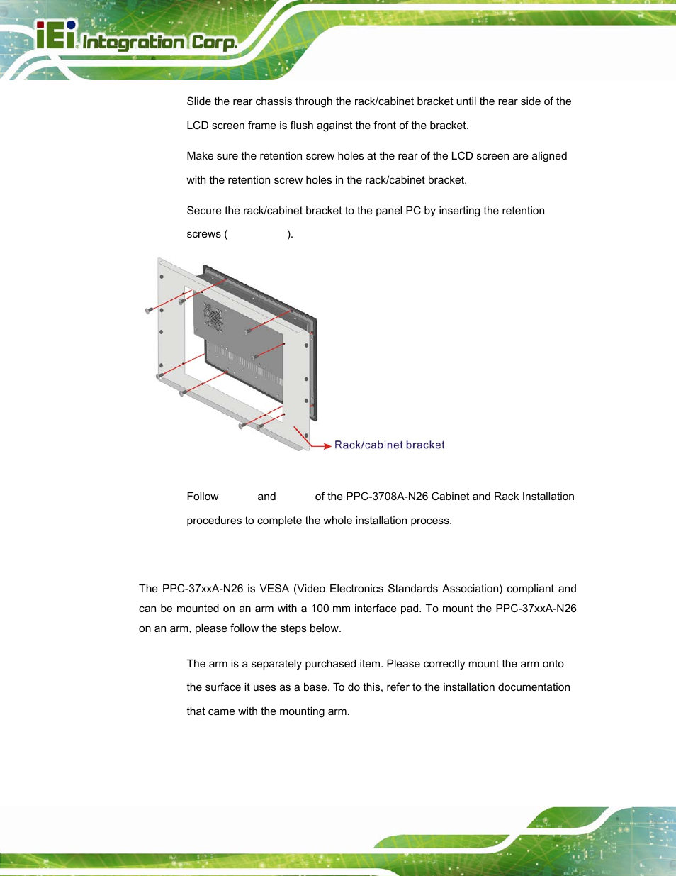 4 arm mounting, Figure 3-36: securing the rack/cabinet bracket | IEI Integration PPC-37xxA-N26 v1.10 User Manual | Page 62 / 200