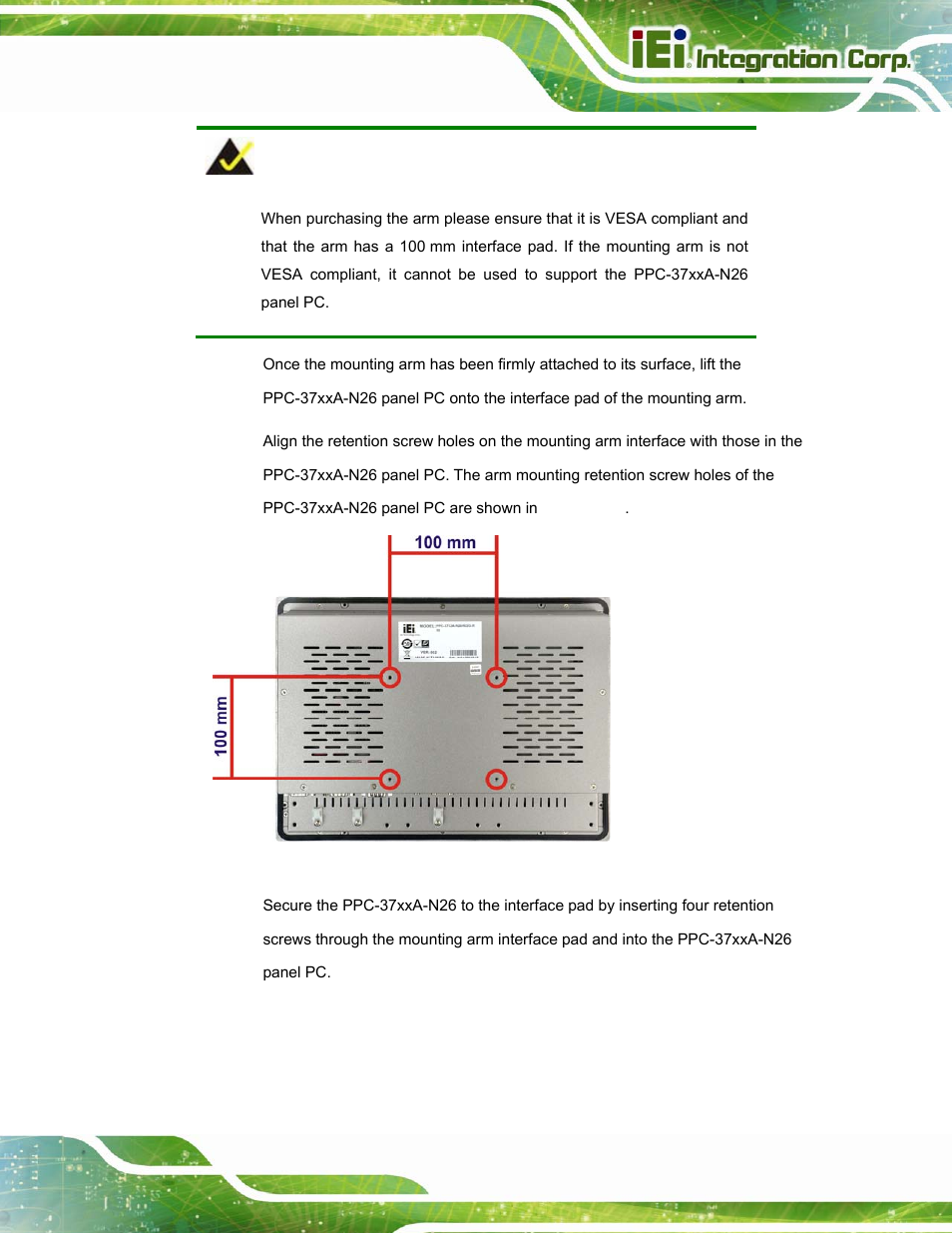 Figure 3-37: arm mounting retention screw holes | IEI Integration PPC-37xxA-N26 v1.10 User Manual | Page 63 / 200