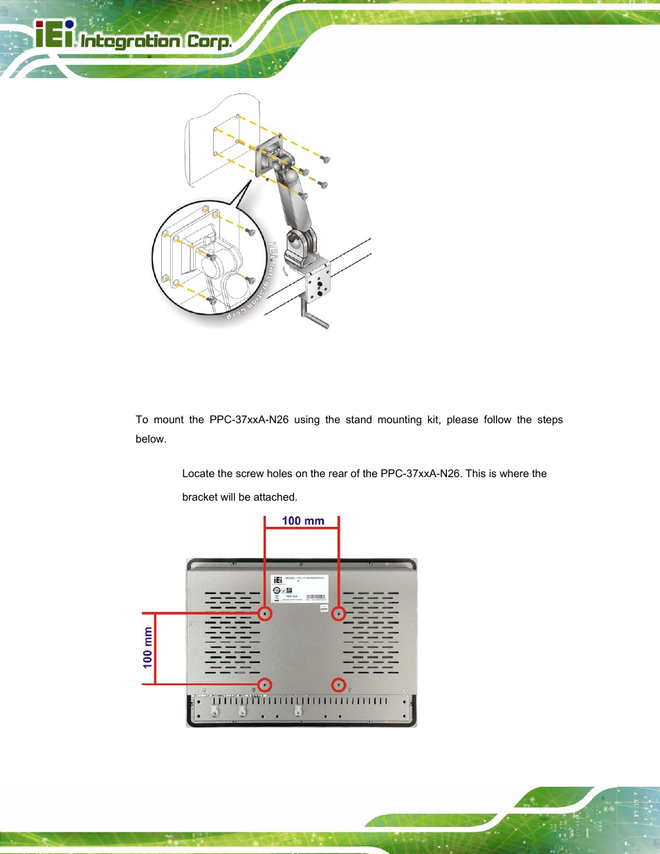 5 stand mounting, Figure 3-38: arm mounting, Figure 3-39: stand mounting retention screw holes | Ection, Step 2, Remove the t | IEI Integration PPC-37xxA-N26 v1.10 User Manual | Page 64 / 200