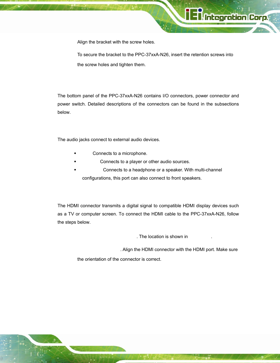 11 bottom panel connectors, 1 audio connectors, 2 hdmi connector | Ottom, Anel, Onnectors | IEI Integration PPC-37xxA-N26 v1.10 User Manual | Page 65 / 200
