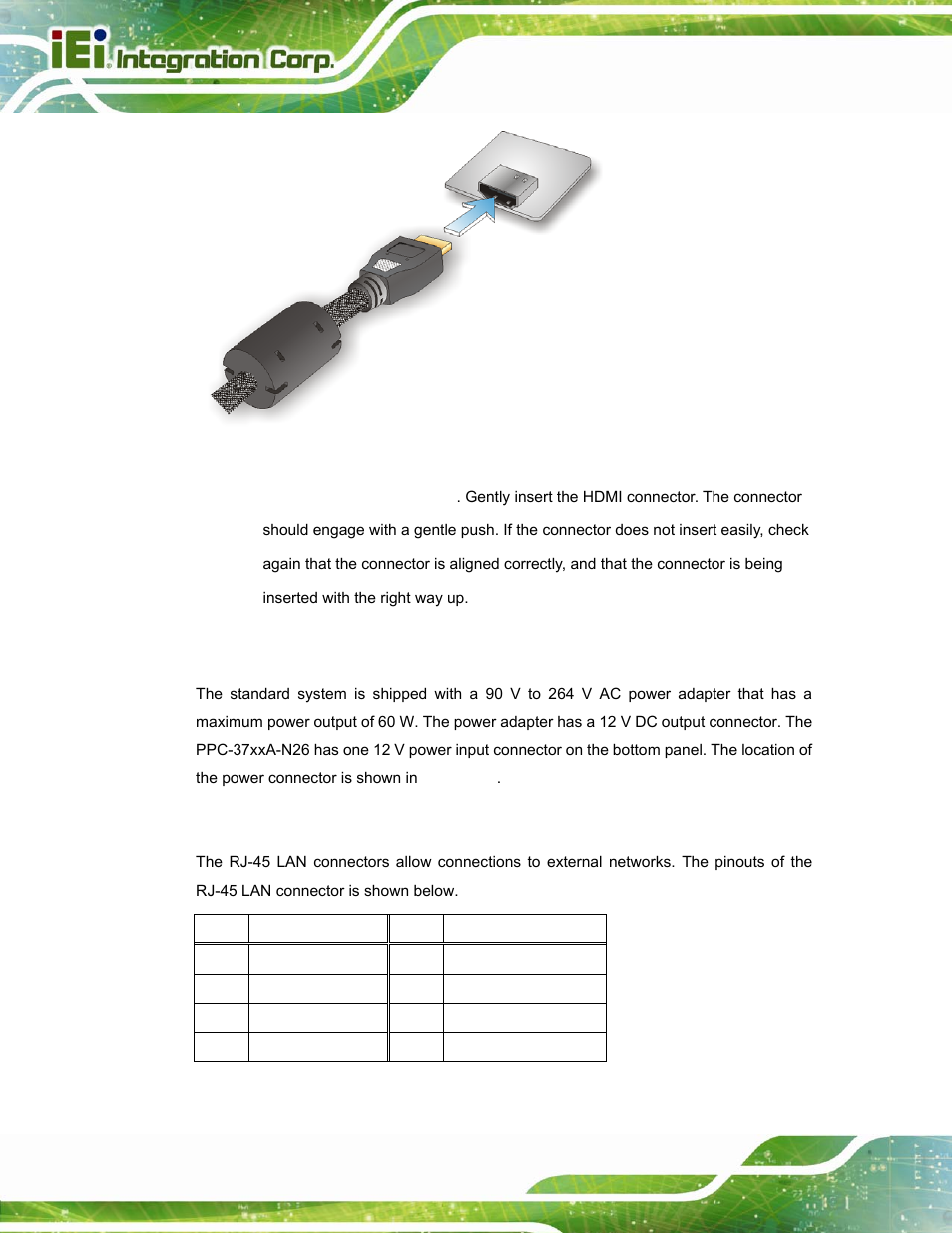 3 power input connector, 4 rj-45 lan connectors, Figure 3-40: hdmi connection | Table 3-8: lan pinouts | IEI Integration PPC-37xxA-N26 v1.10 User Manual | Page 66 / 200