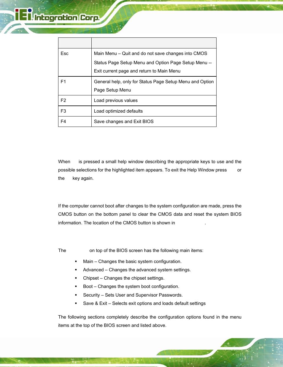 3 getting help, 4 unable to reboot after configuration changes, 5 bios menu bar | Table 5-1: bios navigation keys | IEI Integration PPC-37xxA-N26 v1.10 User Manual | Page 78 / 200