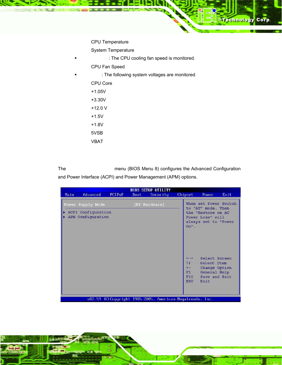5 power configuration, Menu 8: power configuration | IEI Integration PPC-37xx-N270 v1.01 User Manual | Page 103 / 165