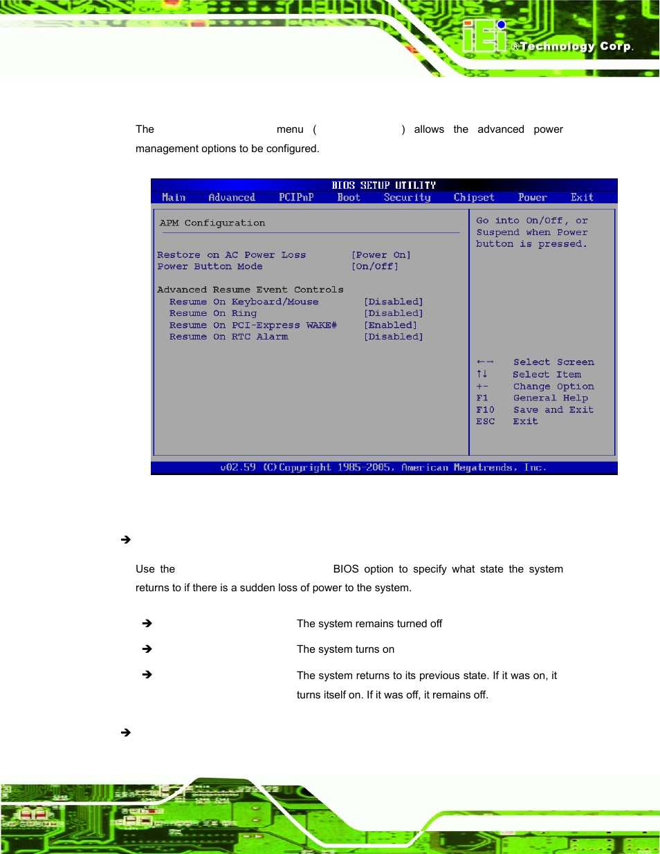 2 apm configuration, Menu 10:advanced power management configuration | IEI Integration PPC-37xx-N270 v1.01 User Manual | Page 105 / 165