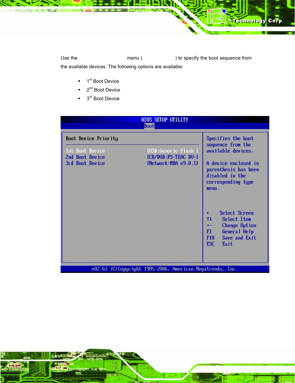 2 boot device priority, Menu 16: boot device priority settings | IEI Integration PPC-37xx-N270 v1.01 User Manual | Page 119 / 165