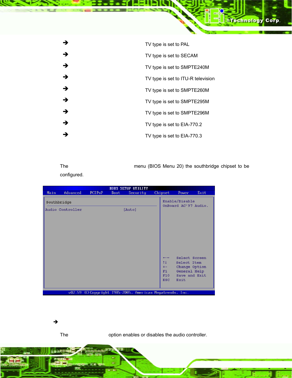 2 southbridge configuration, Menu 20:southbridge chipset configuration | IEI Integration PPC-37xx-N270 v1.01 User Manual | Page 125 / 165