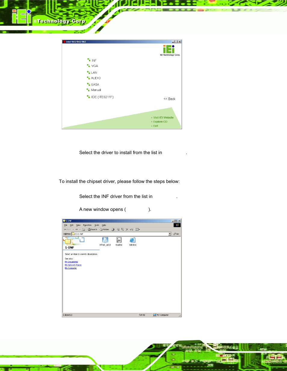 3 chipset driver installation, Hipset, River | Nstallation, Figure 6-1: available drivers, Figure 6-2: chipset driver installation program | IEI Integration PPC-37xx-N270 v1.01 User Manual | Page 130 / 165