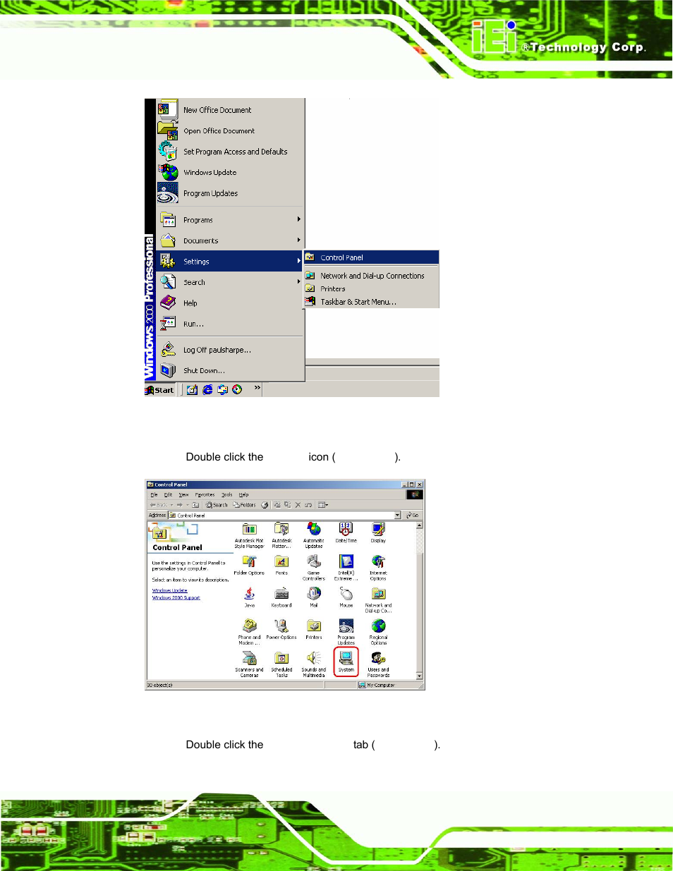 Figure 6-15: access windows control panel, Figure 6-16: double click the system icon | IEI Integration PPC-37xx-N270 v1.01 User Manual | Page 137 / 165