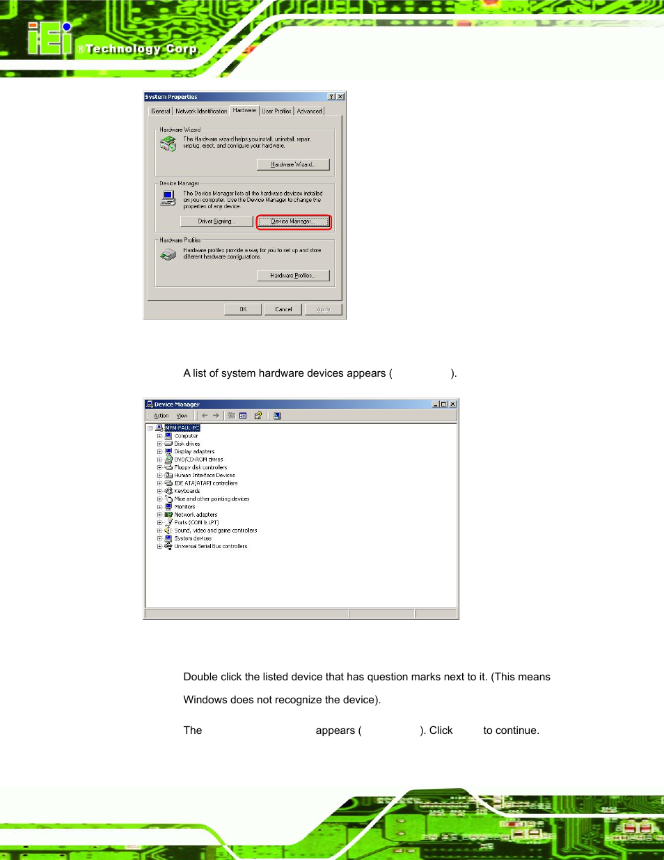 Figure 6-17: double click the device manager tab, Figure 6-18: device manager list | IEI Integration PPC-37xx-N270 v1.01 User Manual | Page 138 / 165