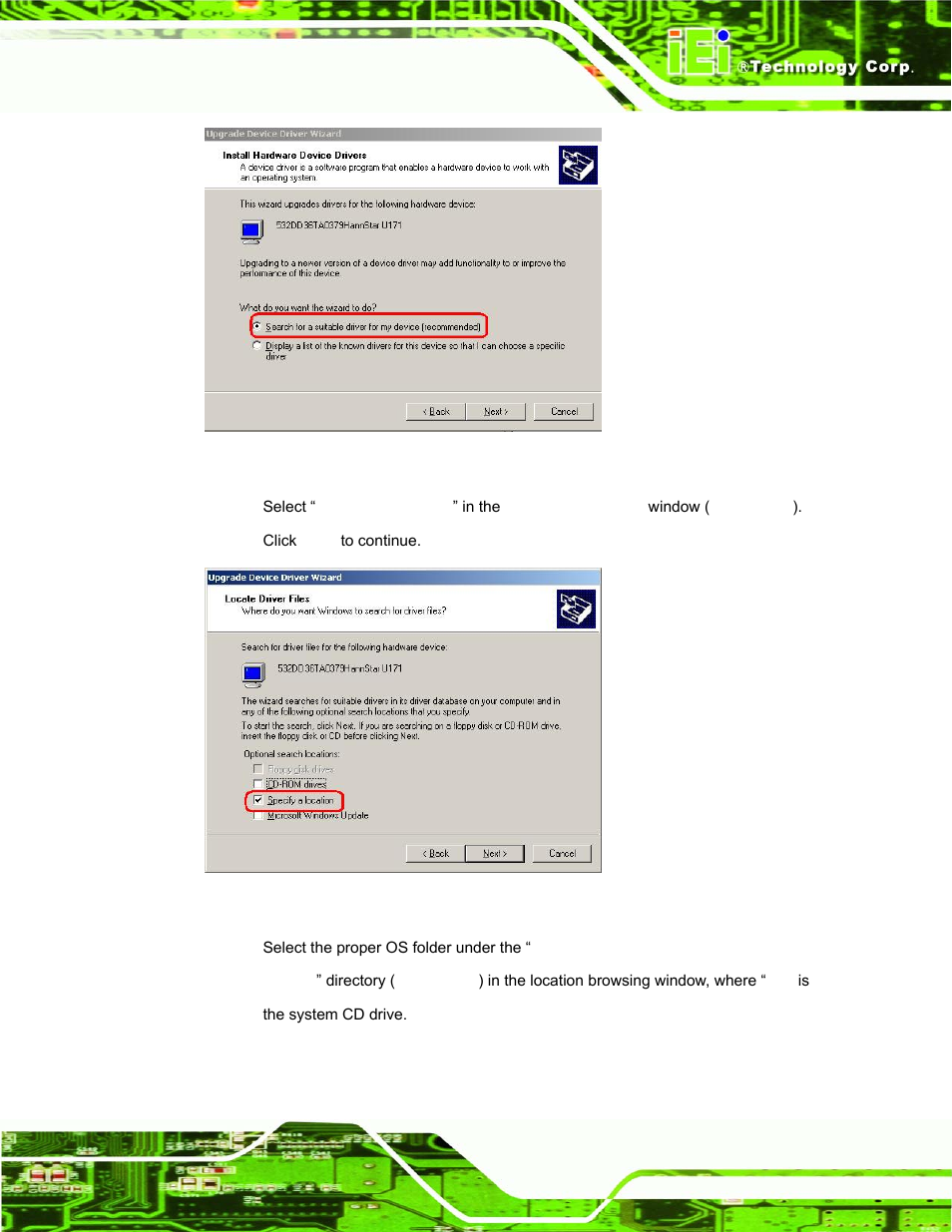 Figure 6-19: search for suitable driver, Figure 6-20: locate driver files | IEI Integration PPC-37xx-N270 v1.01 User Manual | Page 139 / 165