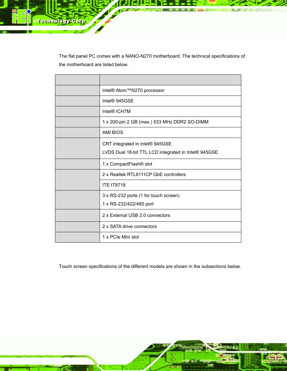 A.1 motherboard specifications, A.2 flat panel screen specifications, Otherboard | Pecifications, Anel, Creen | IEI Integration PPC-37xx-N270 v1.01 User Manual | Page 146 / 165