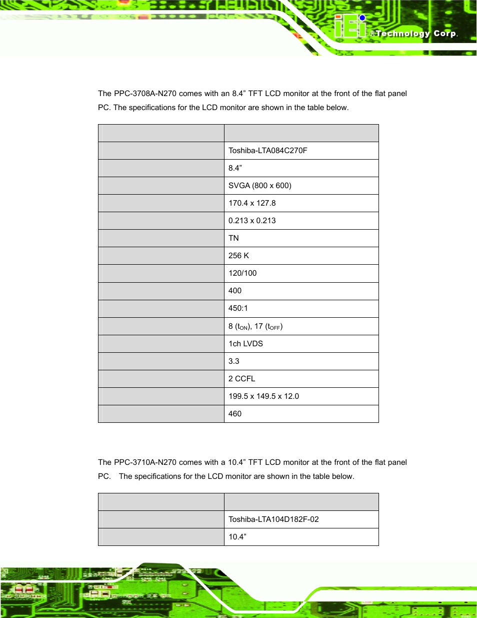 A.2.1 ppc-3708a-n270 flat panel specifications, A.2.2 ppc-3710a-n270 flat panel specifications | IEI Integration PPC-37xx-N270 v1.01 User Manual | Page 147 / 165