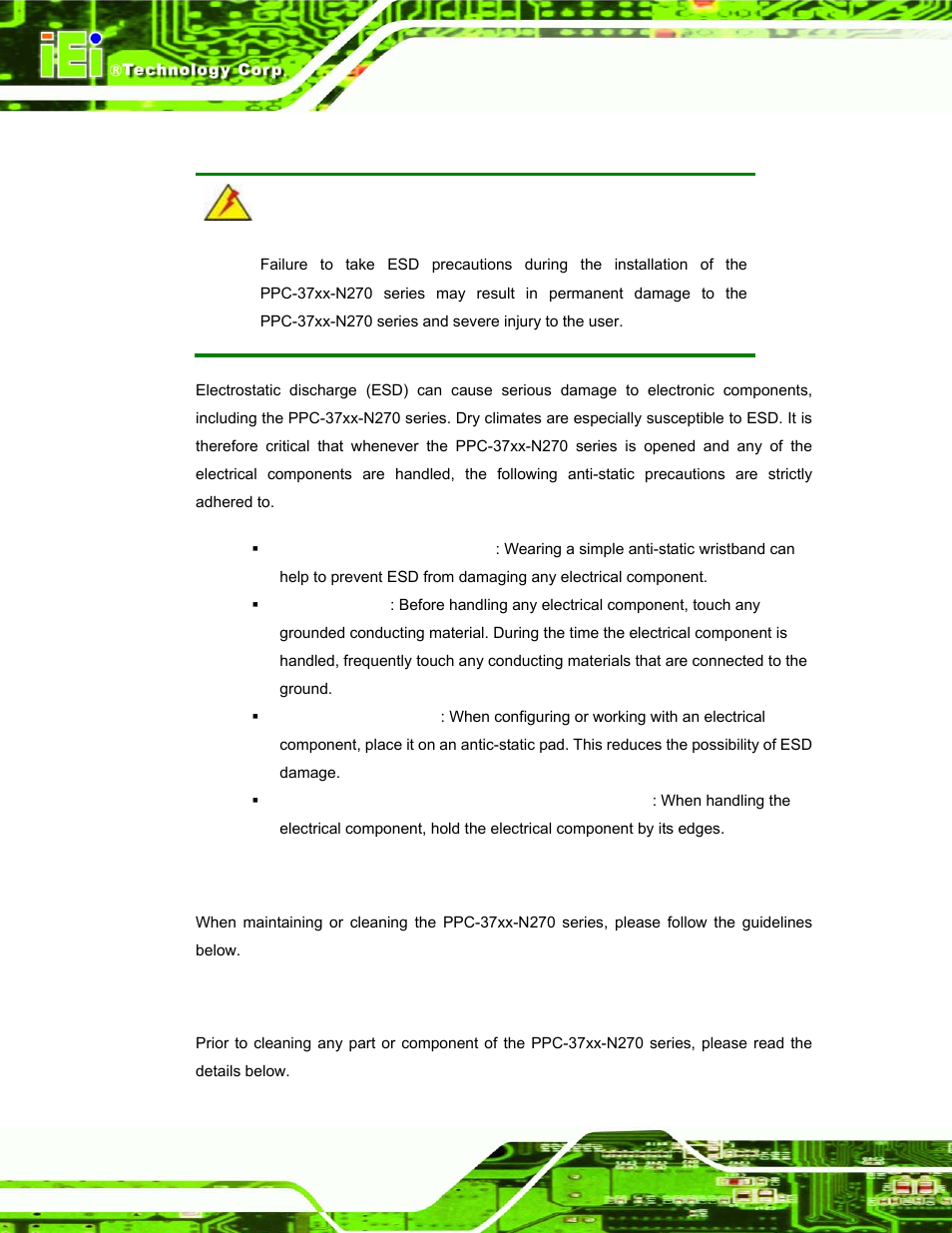 B.1.2 anti-static precautions, B.2 maintenance and cleaning precautions, B.2.1 maintenance and cleaning | Aintenance and, Leaning, Recautions | IEI Integration PPC-37xx-N270 v1.01 User Manual | Page 152 / 165