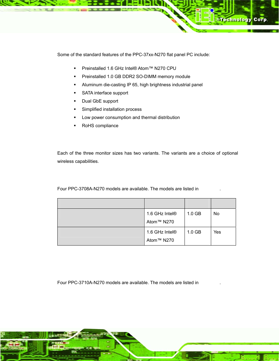 1 features, 2 model variations, 1 ppc-3708a-n270model variations | 2 ppc-3710a-n270 model variations, Table 1-1: ppc-3708a-n270 model variation | IEI Integration PPC-37xx-N270 v1.01 User Manual | Page 19 / 165