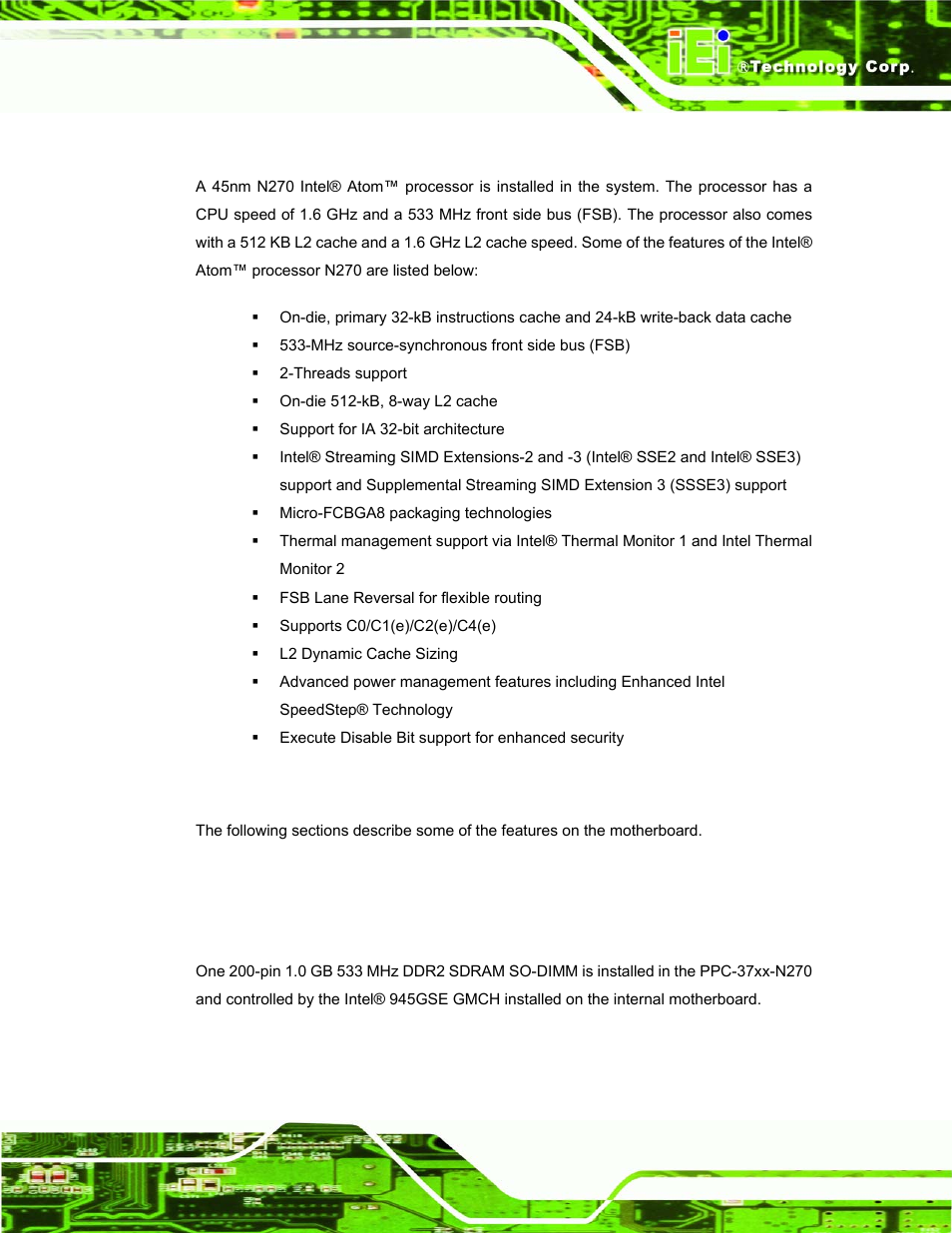2 intel® atom™ processor, 3 motherboard components, 1 memory support | 1 installed memory, Ntel, Rocessor, Otherboard, Omponents | IEI Integration PPC-37xx-N270 v1.01 User Manual | Page 33 / 165