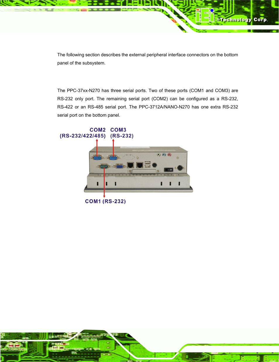 4 external peripheral interface connectors, 1 serial port connectors, Xternal | Eripheral, Nterface, Onnectors, Figure 2-6: ppc-3708a com ports | IEI Integration PPC-37xx-N270 v1.01 User Manual | Page 35 / 165