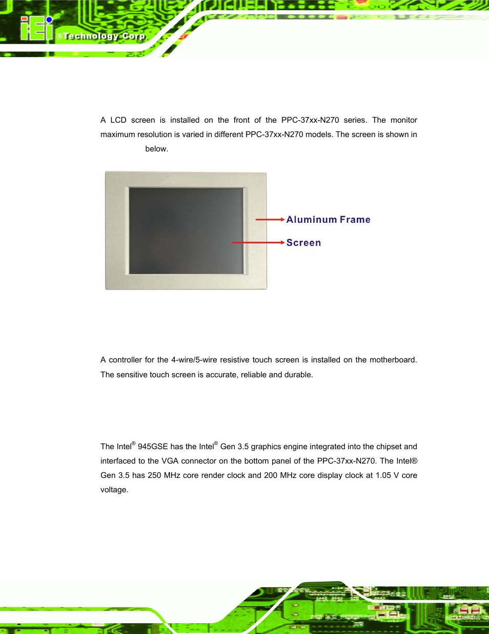 5 ppc-37xx-n270 front side, 1 monitor, 2 touch-screen module | 6 graphics, 1 intel® 945gse integrated graphics engine, Ppc-37, N270, Ront, Raphics, 1 intel | IEI Integration PPC-37xx-N270 v1.01 User Manual | Page 38 / 165