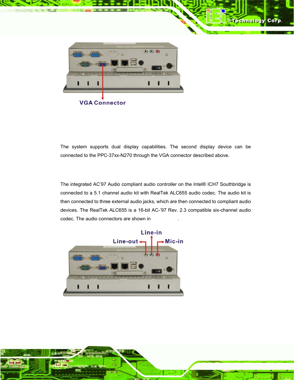 2 dual-display, 7 audio, Udio | Figure 2-11: ppc-3708a vga connector, Figure 2-12: ppc-3708a audio jack | IEI Integration PPC-37xx-N270 v1.01 User Manual | Page 39 / 165