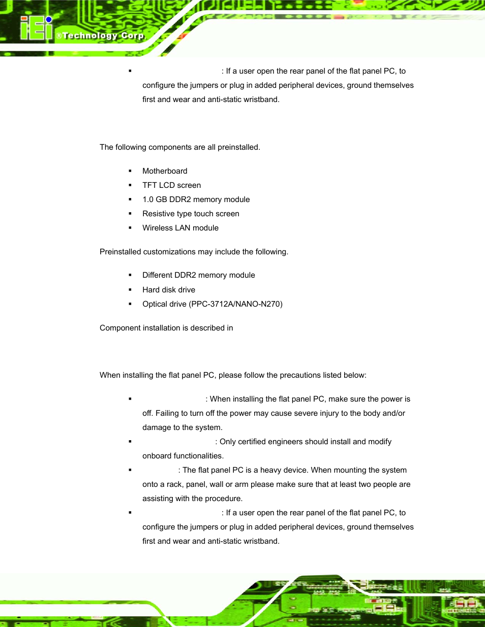 3 preinstalled components, 4 installation precautions, Reinstalled | Omponents, Nstallation, Recautions | IEI Integration PPC-37xx-N270 v1.01 User Manual | Page 48 / 165