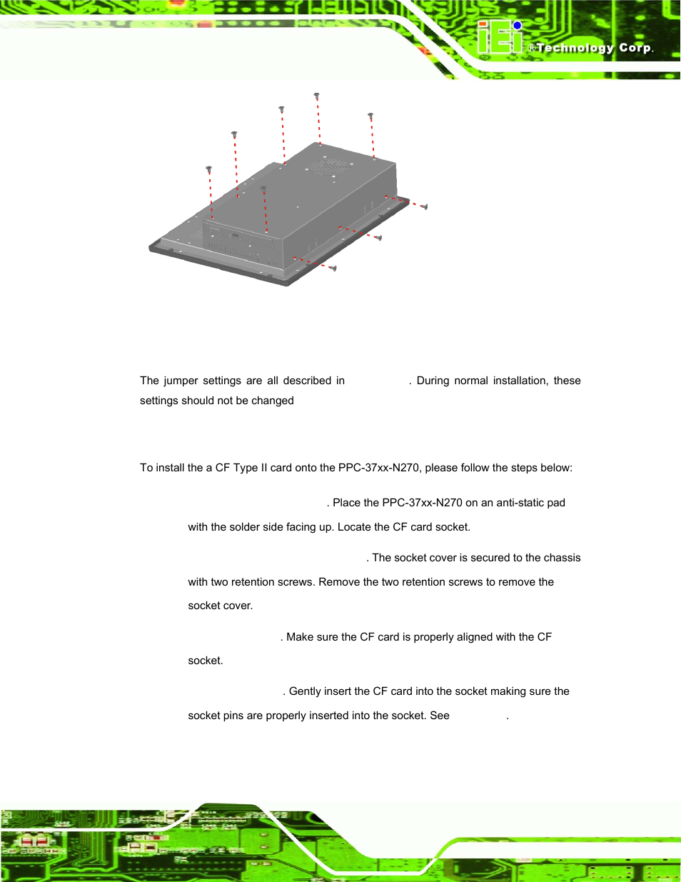 8 jumper settings, 9 compactflash® card installation, Umper | Ettings, Ompact, Lash, Nstallation, Figure 4-3: ppc-3712 back cover retention screws | IEI Integration PPC-37xx-N270 v1.01 User Manual | Page 51 / 165