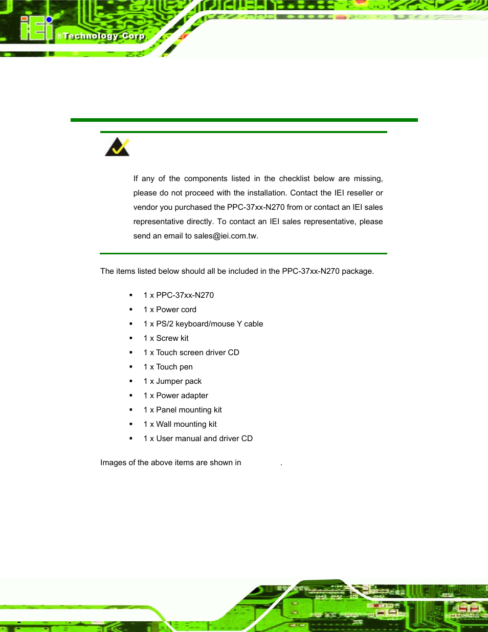 Packing list | IEI Integration PPC-37xx-N270 v1.01 User Manual | Page 6 / 165