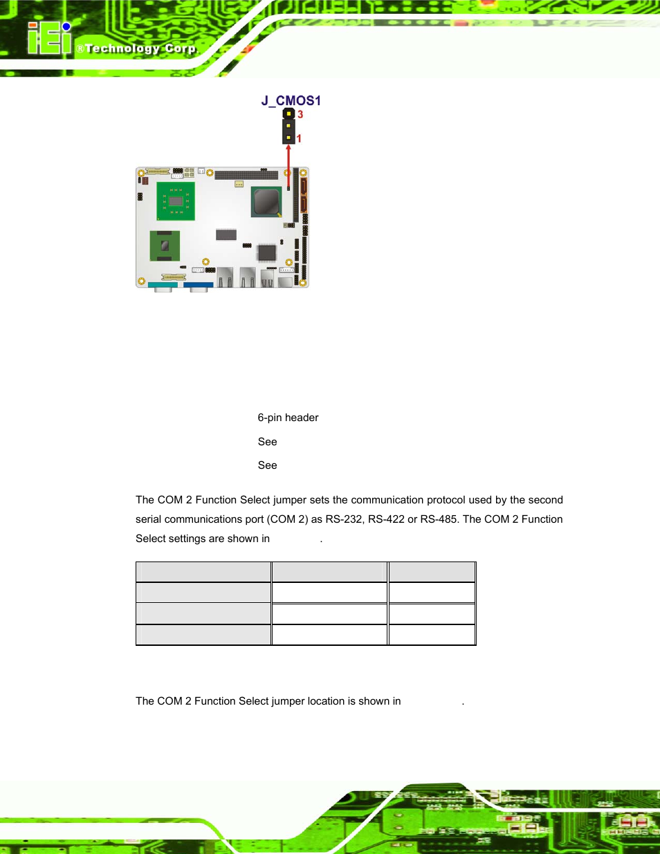 6 com 2 function select jumper, Figure 4-18: clear cmos jumper, Table 4-6: com 2 function select jumper settings | IEI Integration PPC-37xx-N270 v1.01 User Manual | Page 64 / 165