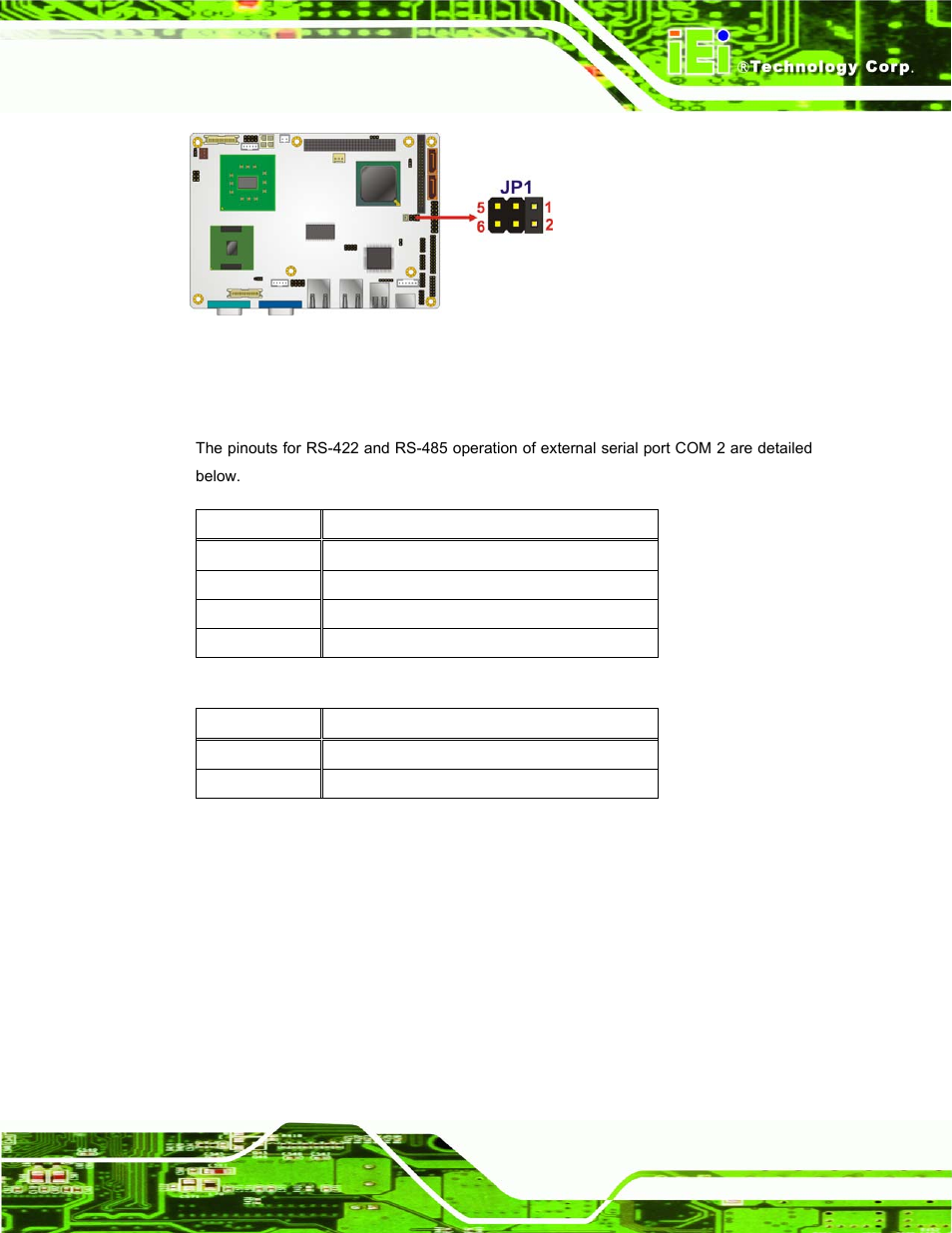 1 com2 rs-422 and rs-485 pinouts, Figure 4-19: com 2 function select jumper location, Table 4-7: rs-422 pinouts | Table 4-8: rs-485 pinouts | IEI Integration PPC-37xx-N270 v1.01 User Manual | Page 65 / 165